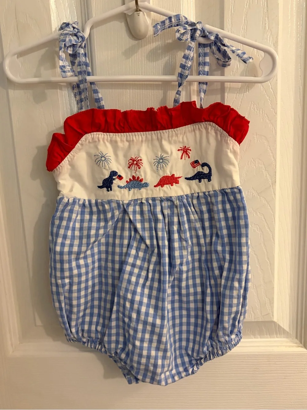 Girl's Adorable Red White & Blue Bubble Embroidered Dinosaurs & Fireworks 12-18M